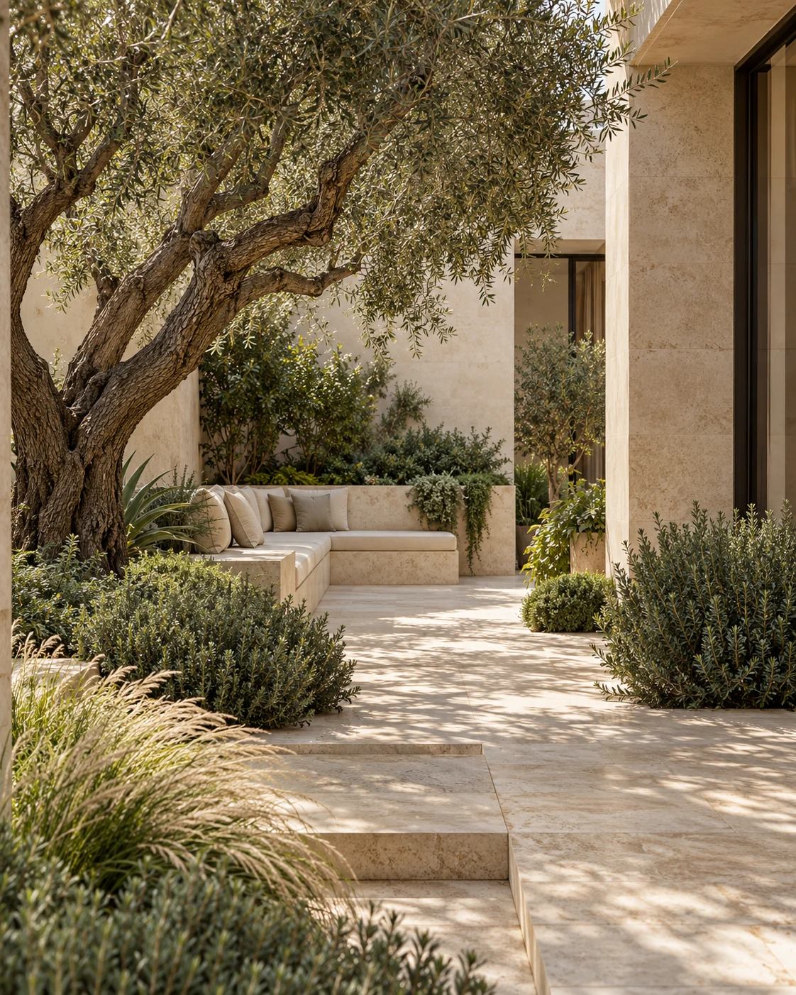 Illustrative garden design with an olive tree, limestone seating and layered planting