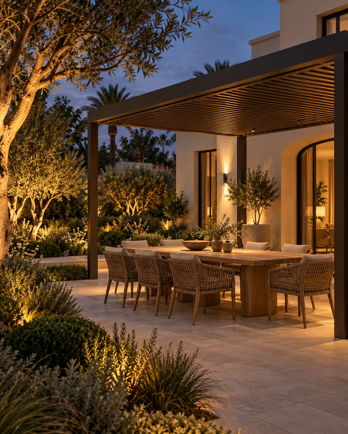 Illustrative villa dining garden with subtle evening lighting and a shaded terrace