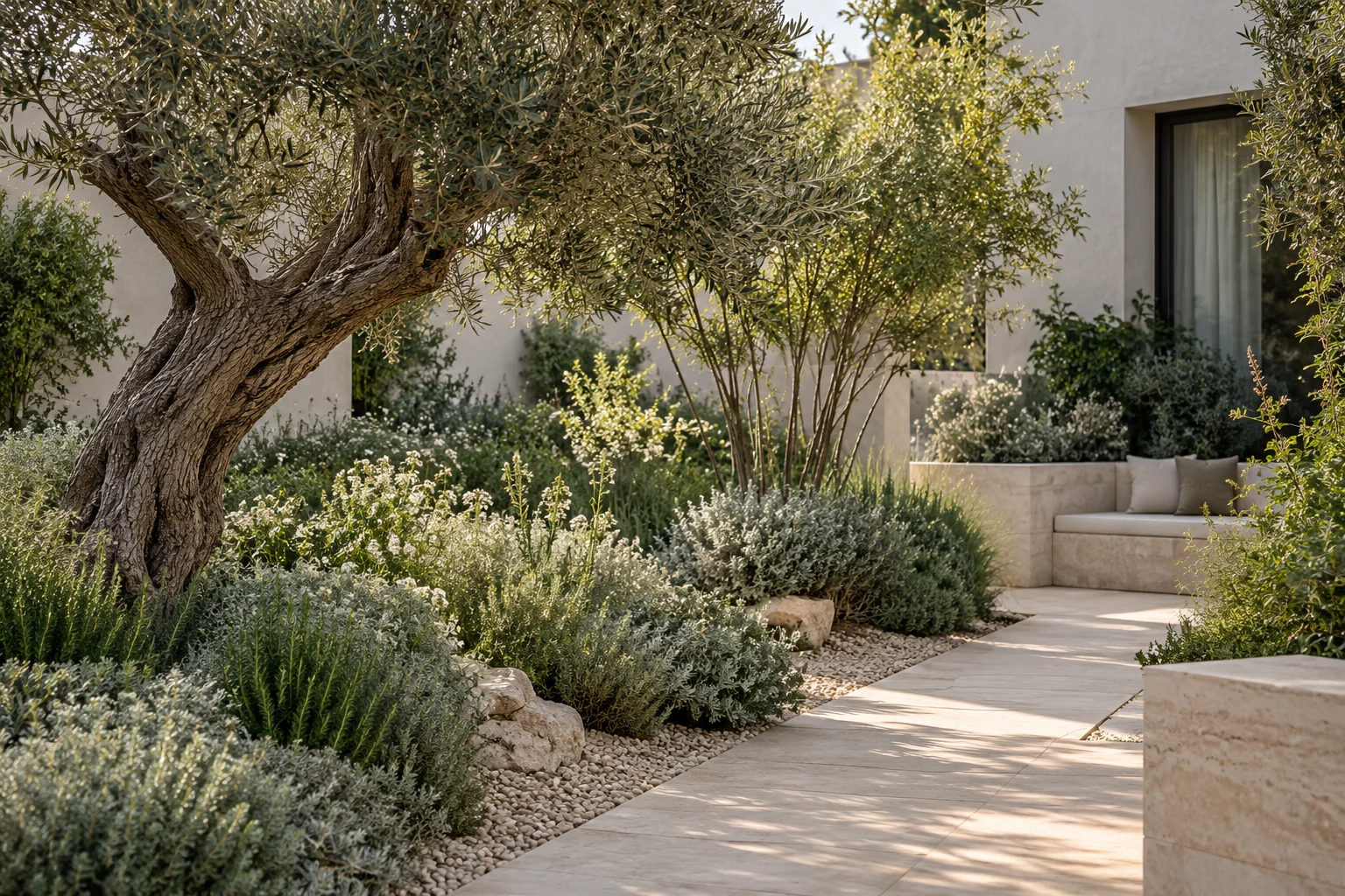 Illustrative layered planting with sculptural greenery and soft garden textures