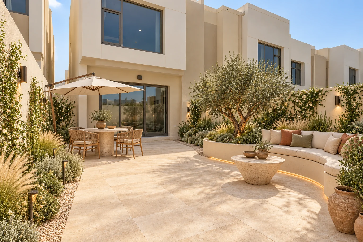 Mediterranean townhouse garden concept with curved built-in seating, olive tree, limestone terrace and shaded dining